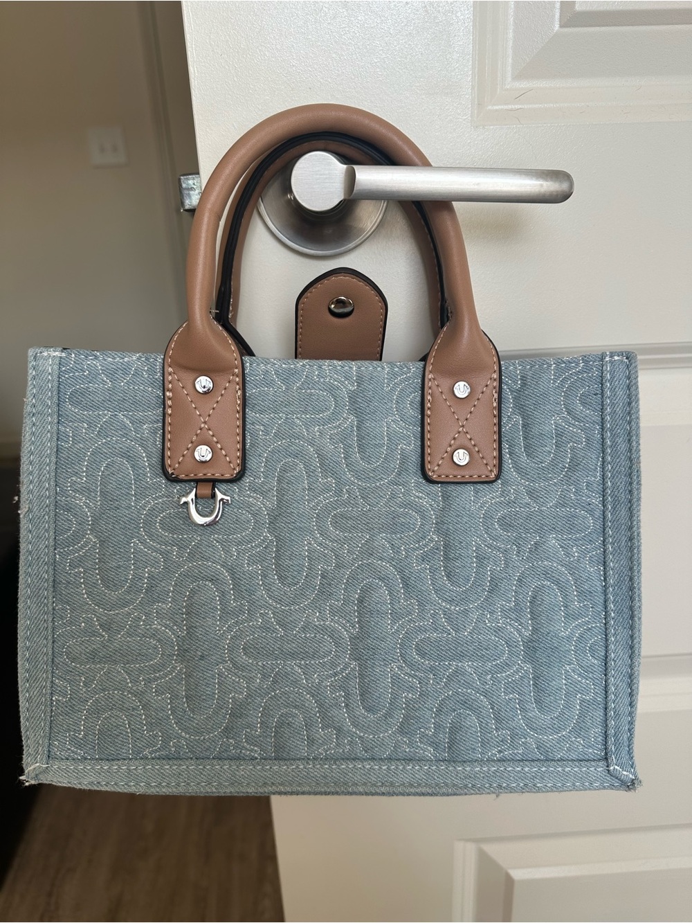 True Religion Canvas Tote Bag with Brown Leather Handles - Denim Blue
